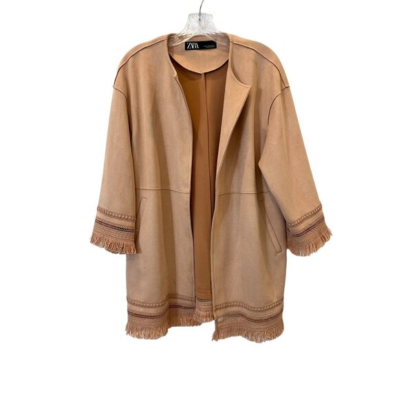 Zara Long Pink Duster Cardigan Jacket 3/4 Sleeves Fringe - Size XS - Picture 1 of 8